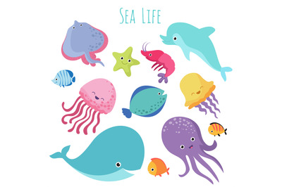 Cute baby sea fishes. Vector cartoon underwater animals collection