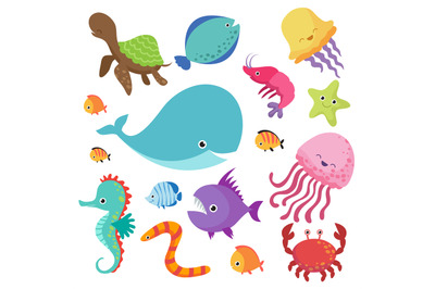 Cartoon childrens aquarium and wild sea fishes vector set