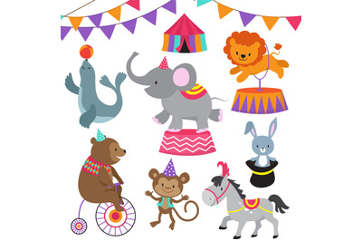 Circus child show cartoon animals vector set