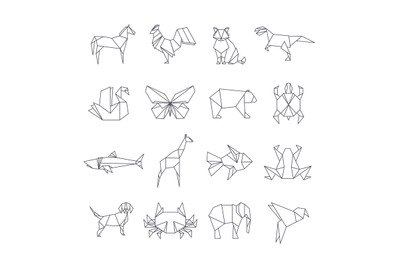 Japanese origami paper animals vector line icons