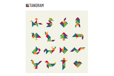 Tangram children brain game cutting transformation puzzle vector set