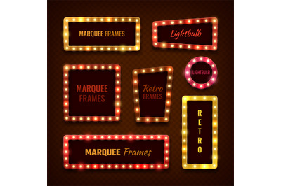 Vintage 3d light marquee vegas frames with lightbulbs vector set