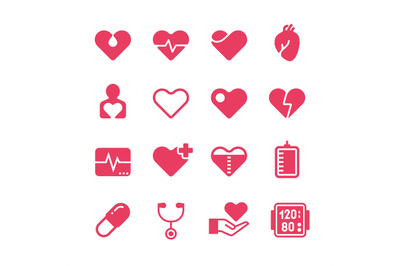 Heart diagnosis and cardiac treatment vector icons. Cardiology red sil