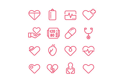 Cardiology medicine vector line icons. Cardiologist and heart diseases