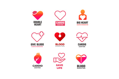 Cardiology and blood donation vector medical logos. International hear