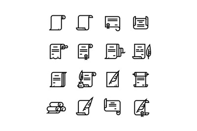 Ancient paper scrolls and documents vector icons. Simple diploma symbo