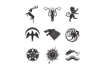 Great kingdoms houses gaming heraldic vector icons with line animals a