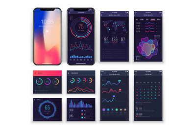 Mobile application ux interfaces vector templates with charts and diag