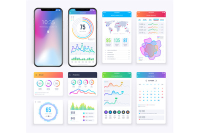 Smartphone ui set with data business graphs for mobile app