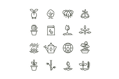 Plant, planting and seed line vector icons. Sprout growing symbols