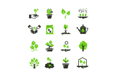 Tree sprout and plants vector icons. Seedling and hand planting pictog