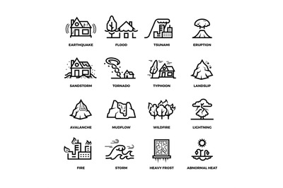 Natural disaster accidents line vector icons and damage symbols