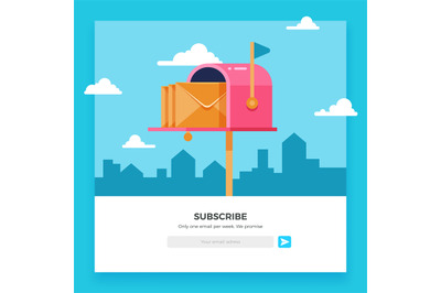 Email subscribe, online newsletter vector template with mailbox and su