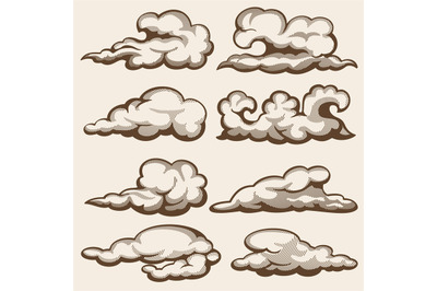 Vintage engraving clouds. Hand drawn vector set