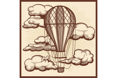 Hand drawn clouds and air balloon vector vintage sketch