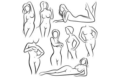 Outline beautiful woman vector silhouettes. Line female body beauty sy