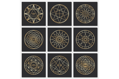 Ancient masonic pentagrams. Steampunk gold sacred vector symbols on da