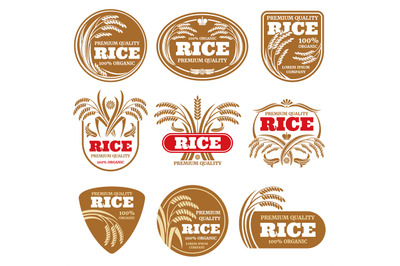 Paddy grain organic rice labels. Healthy food vector logos isolated