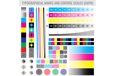 CMYK press print marks and colour tone gradient bars for printer test