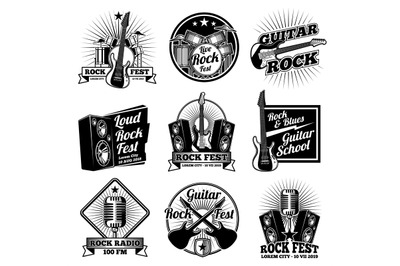 Rock and roll music vector labels. Vintage heavy metal emblems set