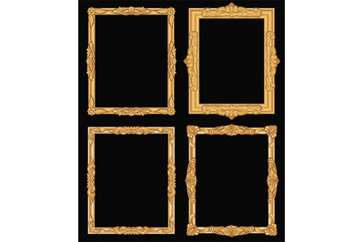 Vintage gold ornate square frames isolated. Retro shiny luxury golden