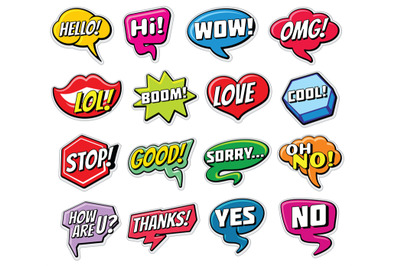 Web chat vector stickers templates. Internet words speech bubbles isol