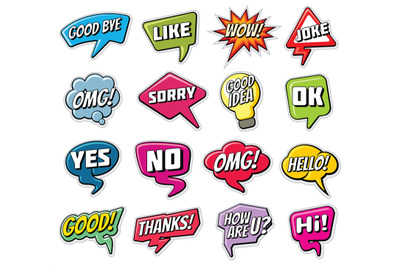 Chatting phrases. Funny comic words in speech clouds vector set