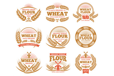 Wheat grain product and bread vector labels. Nature wheat ears badges
