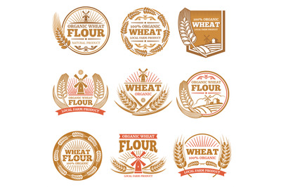Organic wheat flour, farming grain products vector labels and logos