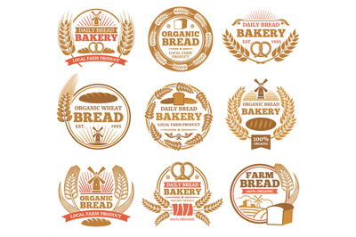 Vintage bakery vector labels with wheat ears and bread symbols