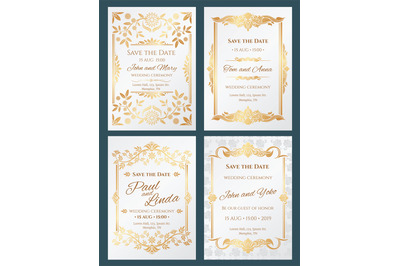 Save the date luxury vector wedding invitation cards with gold elegant