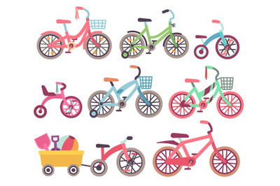 Kids bicycles vector set. Childrens bikes collection