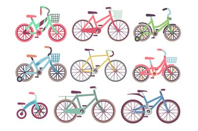 Urban family bikes flat vector set. Different bicycles collection