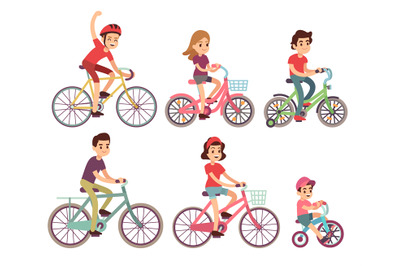 People riding bike. Flat cyclist on bicycles vector set