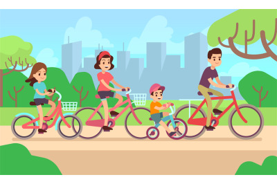 Happy children and parents riding bikes. Active family vector concept