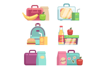 Kids snacks. School lunch boxes vector set