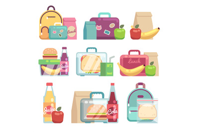 School snacks bags. Healthy food in kids lunch boxes vector set