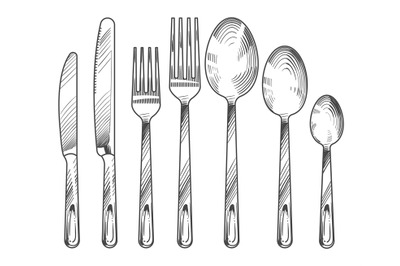 Sketch silver knife, fork and spoon. Hand drawn cutlery vector set