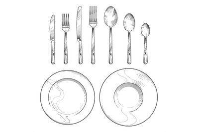 Vintage knife&2C; fork&2C; spoon and dishes in sketch engraving style. Hand