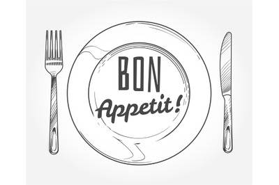 Dinner plate with knife and fork. Doodle sketch tableware and dish. Re