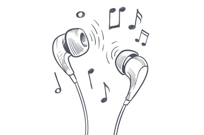 Hand drawn headphones and musical notes doodles electronic music vecto