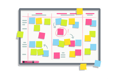 Process planning board with color sticky notes. Scrum task whiteboard