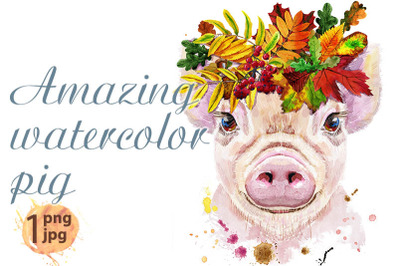 Cute piggy with wreath of autumn leaves