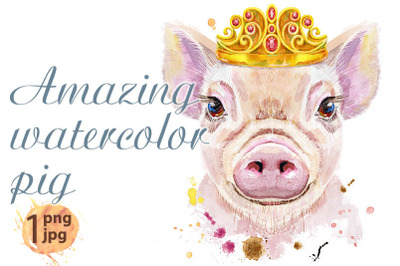 Watercolor portrait of pig with golden crown