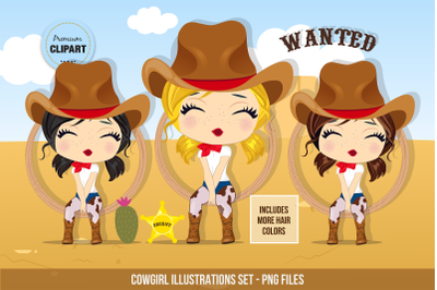 Cowgirl clipart, Wild West illustrations