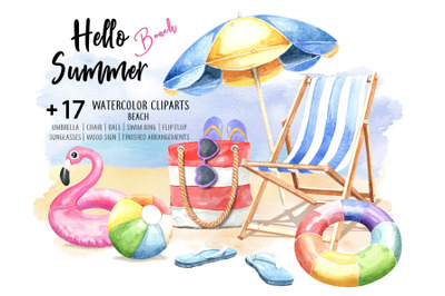 Hello Summer Beach. Watercolor Beach cliparts