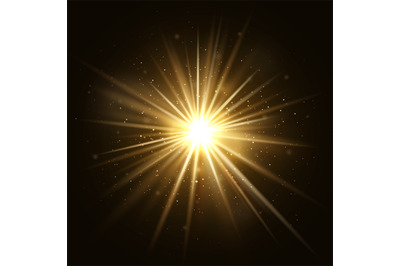 Gold star burst. Golden light explosion isolated on dark background ve