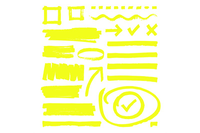 Yellow highlighter lines, arrows and frame boxes with grunge texture i