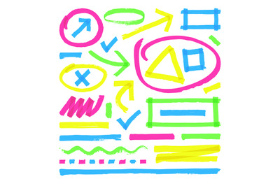 Highlighter vector marks. Color marker stripes, strokes and arrows