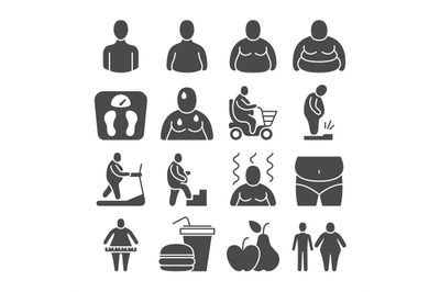 Fat obese people, overweight person vector icons